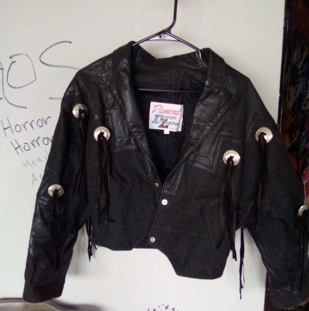 Black leather & Black denim Vintage Jacket